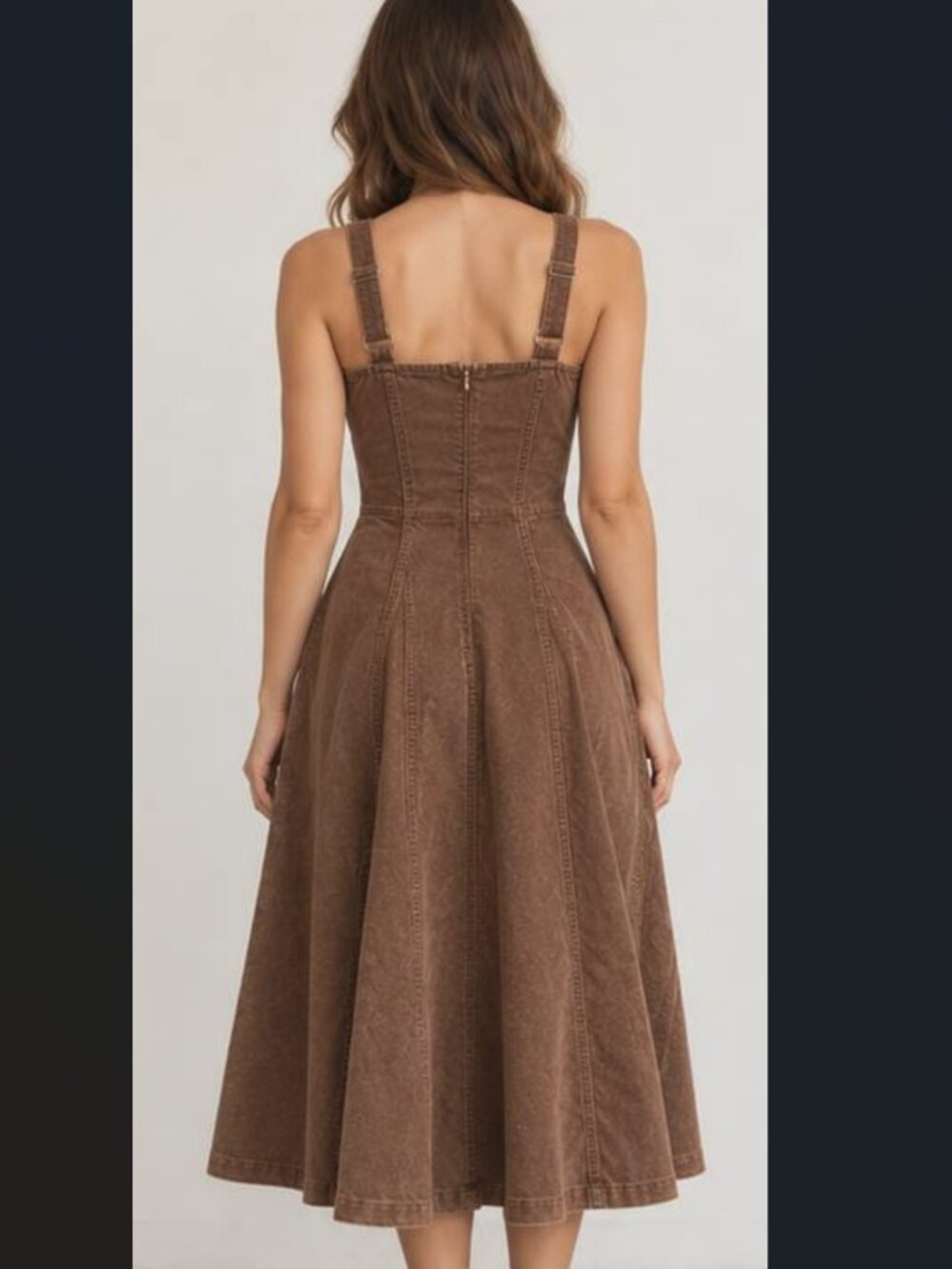 Brown denim midi dress, mocha fit and flare dress side Pockets - Picture 3 of 8